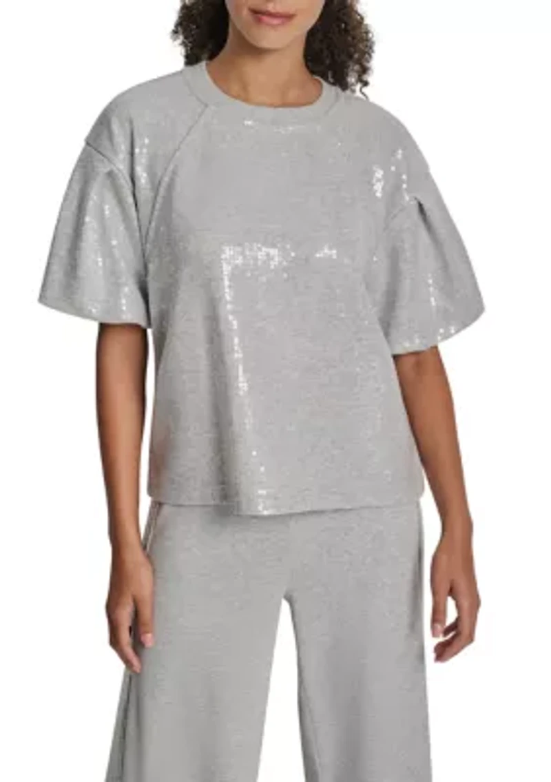 Women's Short Puff Sleeve Sequin Sweatshirt