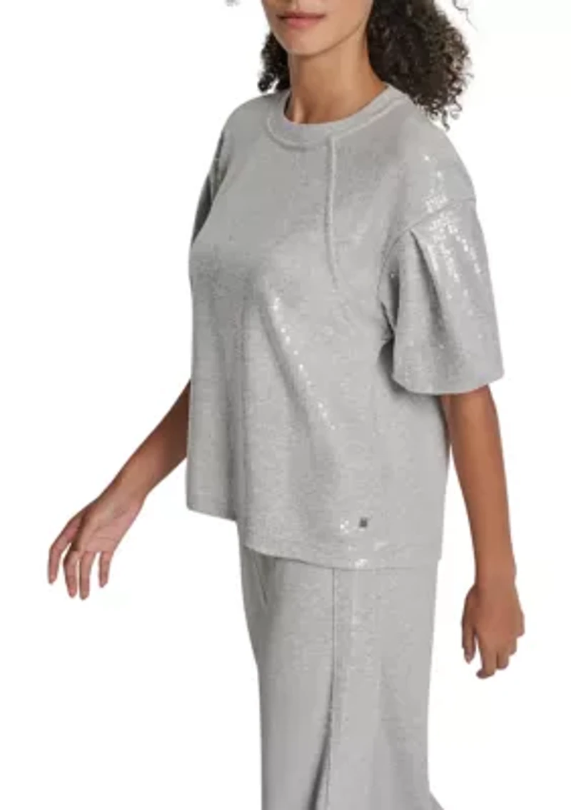 Women's Short Puff Sleeve Sequin Sweatshirt