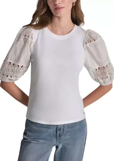 Women's Lace Eyelet Short Puff Sleeve Top