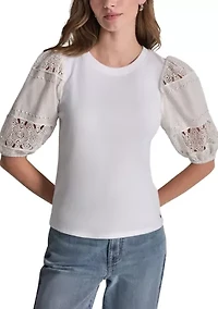 Women's Lace Eyelet Short Puff Sleeve Top