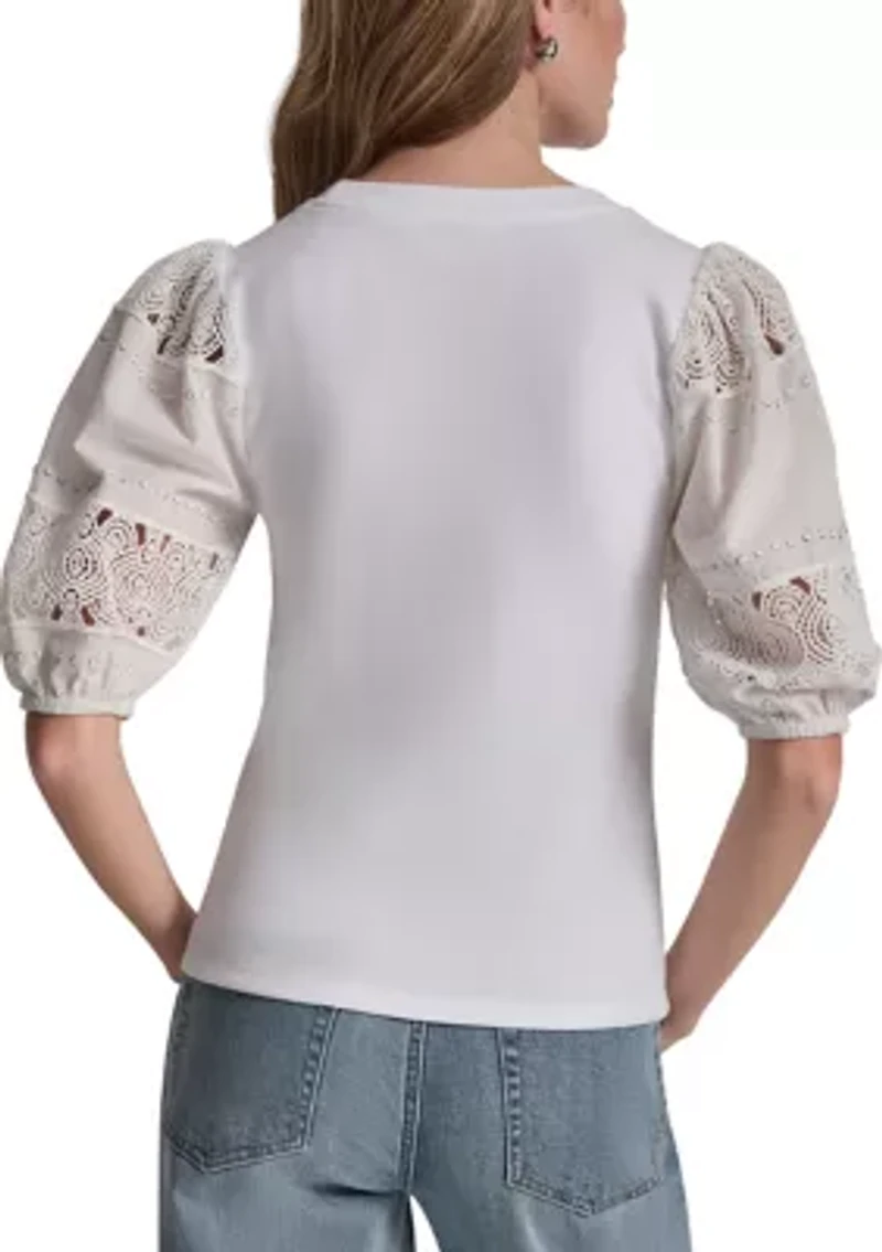 Women's Lace Eyelet Short Puff Sleeve Top