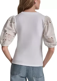 Women's Lace Eyelet Short Puff Sleeve Top