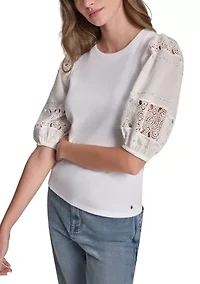Women's Lace Eyelet Short Puff Sleeve Top