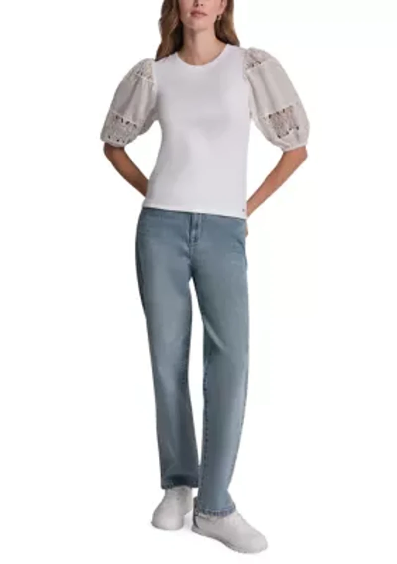 Women's Lace Eyelet Short Puff Sleeve Top