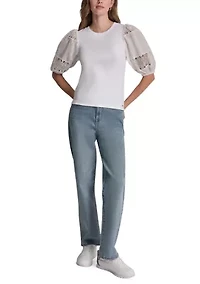 Women's Lace Eyelet Short Puff Sleeve Top