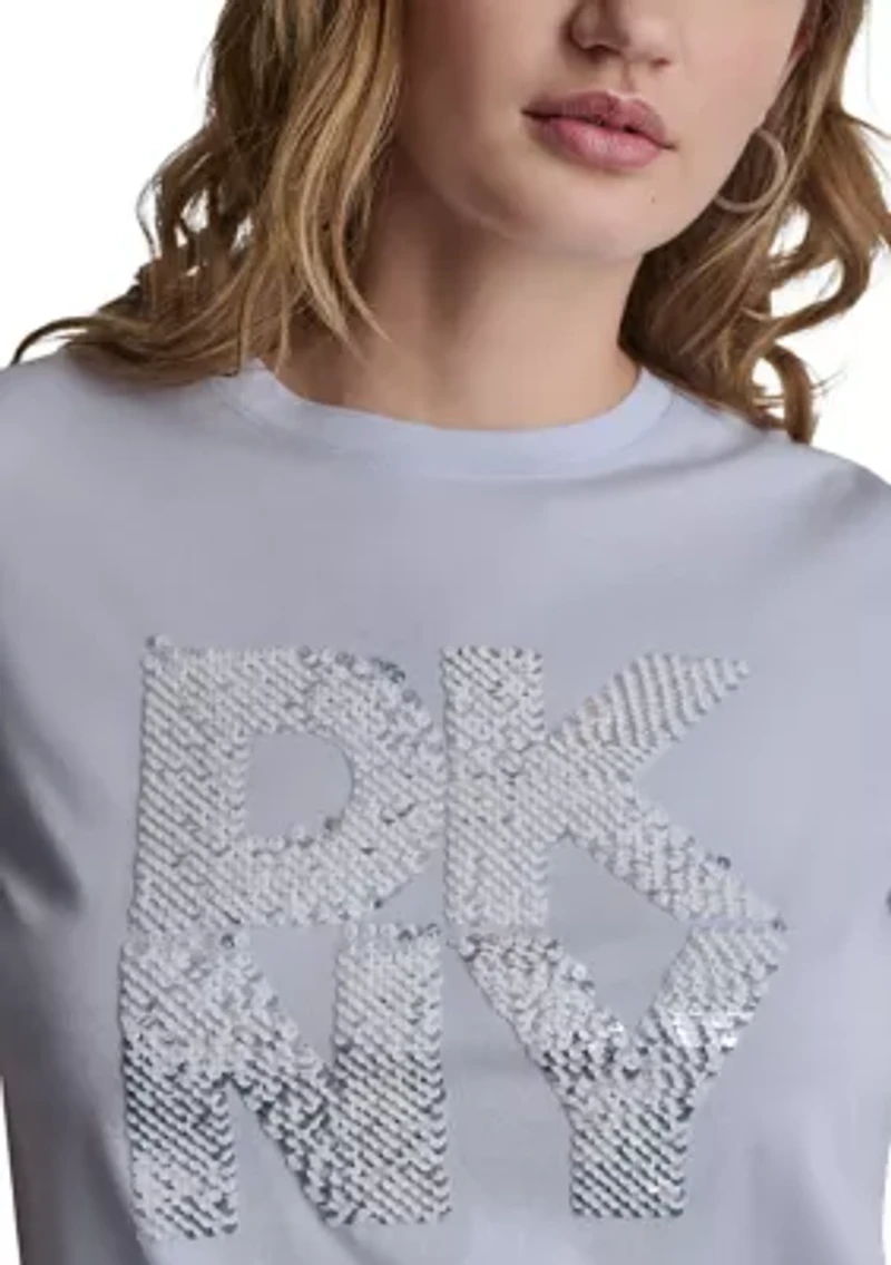 Women's New York Stacked Two Tone Sequin logo Crew Neck Shirt