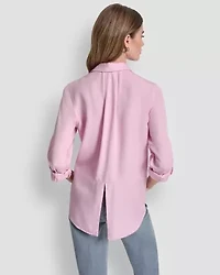 Garment Dye & Print Split Back Button Front Shirt W/ Roll Tab Sleeve