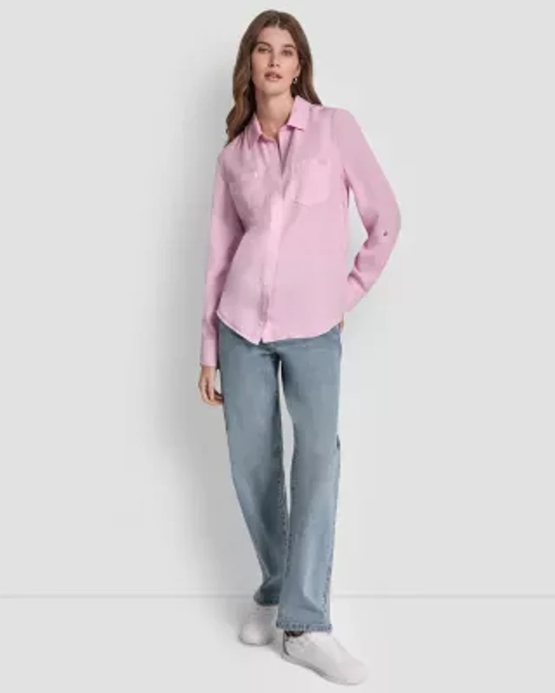 Garment Dye & Print Split Back Button Front Shirt W/ Roll Tab Sleeve