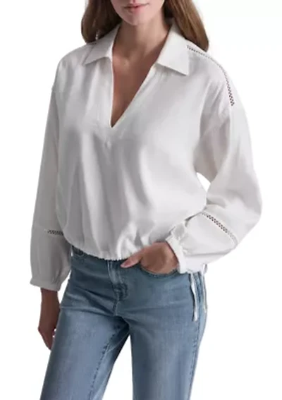 Cropped Long Sleeve Shirt W/ Henley Neckline And Lace Insets