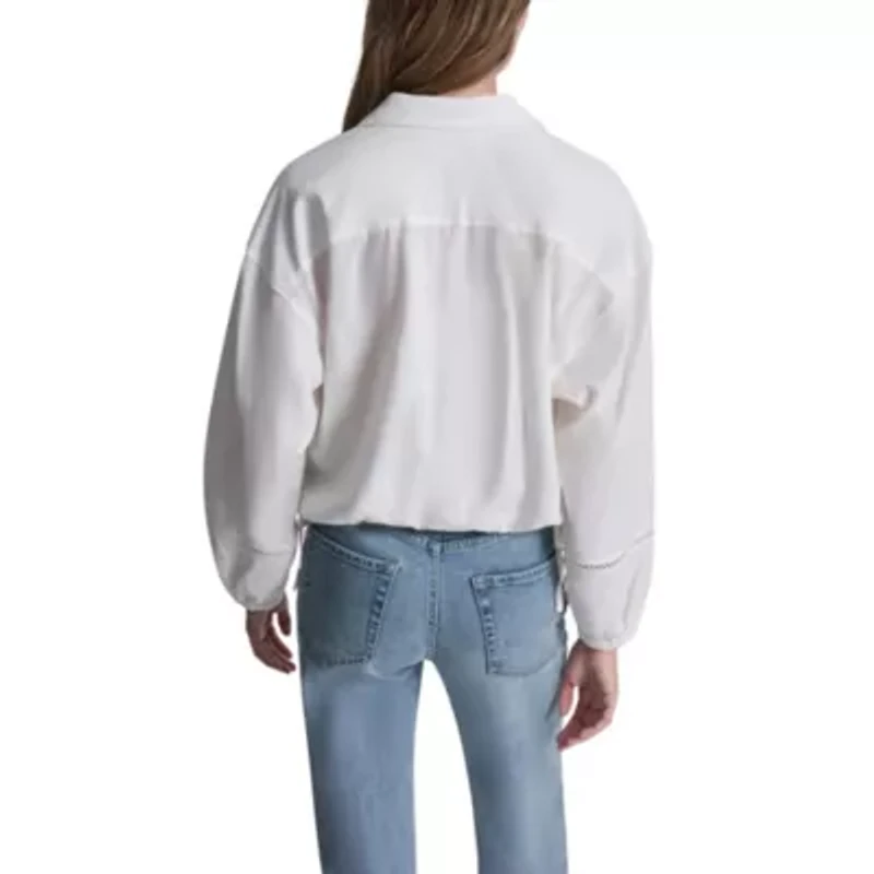 Cropped Long Sleeve Shirt W/ Henley Neckline And Lace Insets