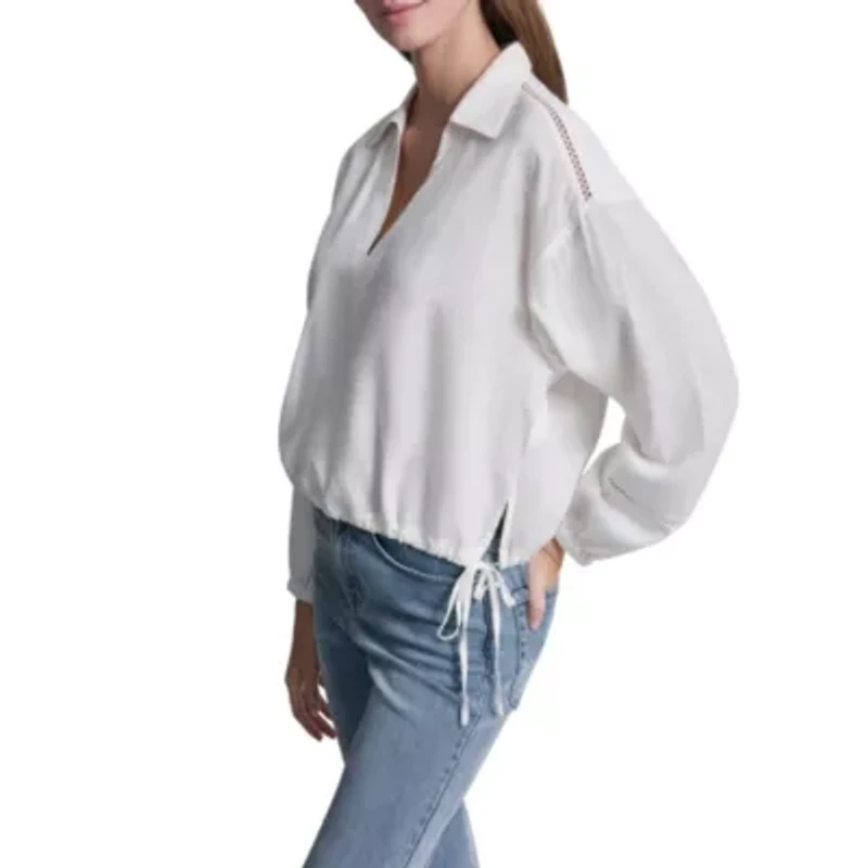 Cropped Long Sleeve Shirt W/ Henley Neckline And Lace Insets