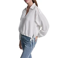 Cropped Long Sleeve Shirt W/ Henley Neckline And Lace Insets
