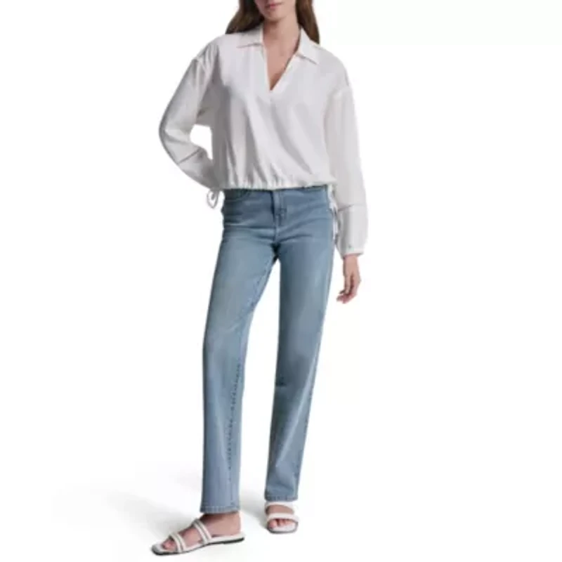 Cropped Long Sleeve Shirt W/ Henley Neckline And Lace Insets