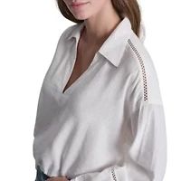 Cropped Long Sleeve Shirt W/ Henley Neckline And Lace Insets