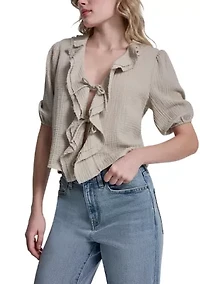 Women's Short Puff Sleeve Gauze Ruffle Shirt