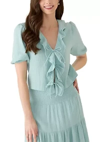 Women's Short Puff Sleeve Gauze Ruffle Shirt