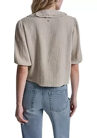 Women's Short Puff Sleeve Gauze Ruffle Shirt