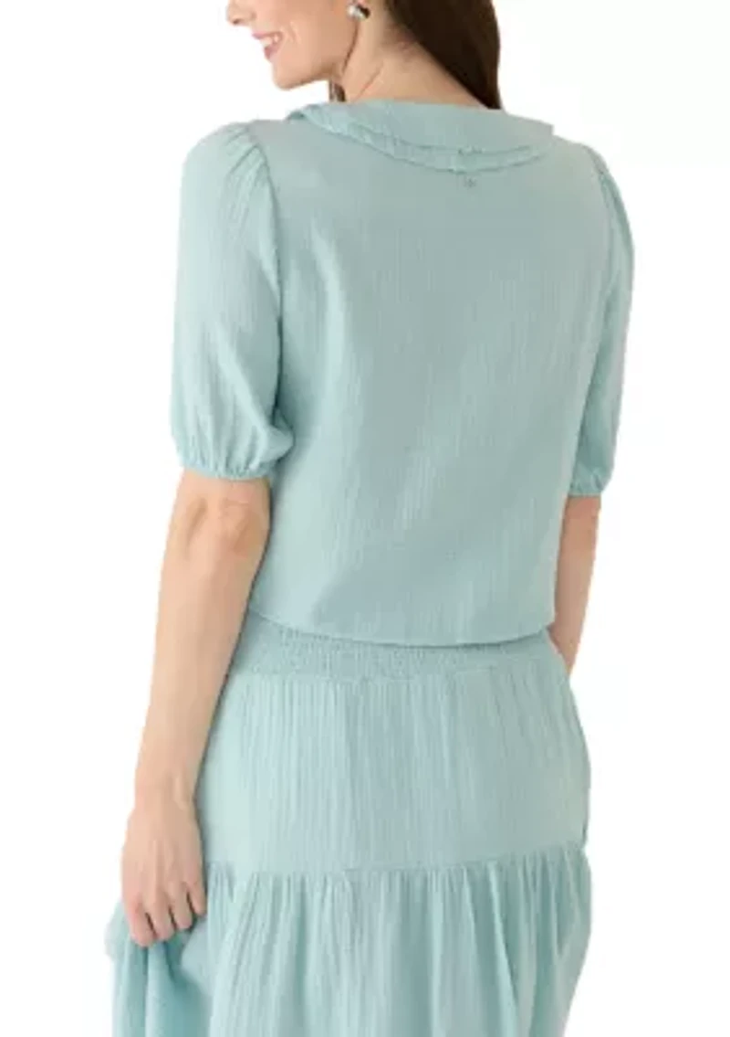 Women's Short Puff Sleeve Gauze Ruffle Shirt