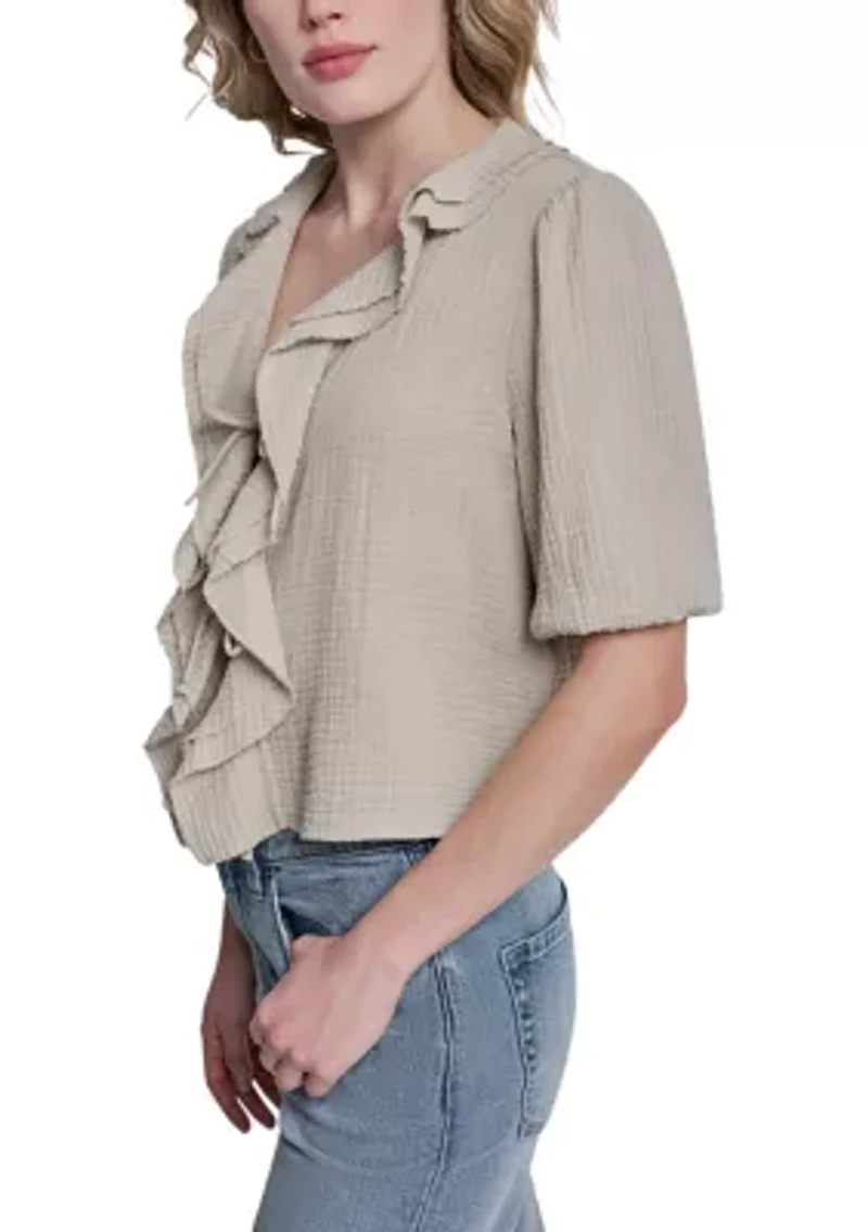 Women's Short Puff Sleeve Gauze Ruffle Shirt