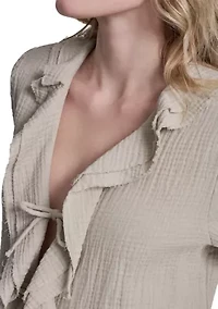 Women's Short Puff Sleeve Gauze Ruffle Shirt