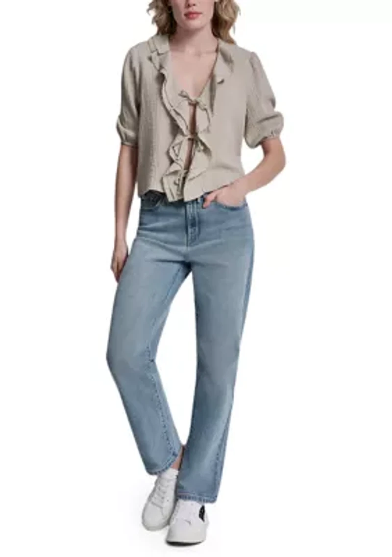 Women's Short Puff Sleeve Gauze Ruffle Shirt