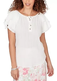 Solid Woven Crinkle Flutter Sleeve Top