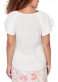 Solid Woven Crinkle Flutter Sleeve Top