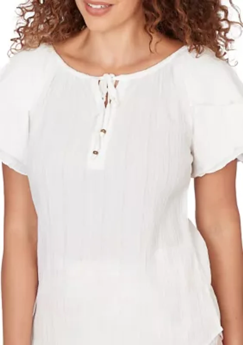 Solid Woven Crinkle Flutter Sleeve Top