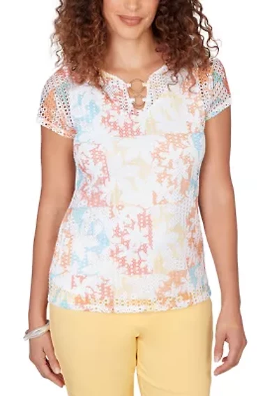 Women's Printed Textured Knit T-Sleeve Top