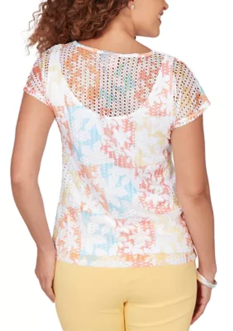 Women's Printed Textured Knit T-Sleeve Top