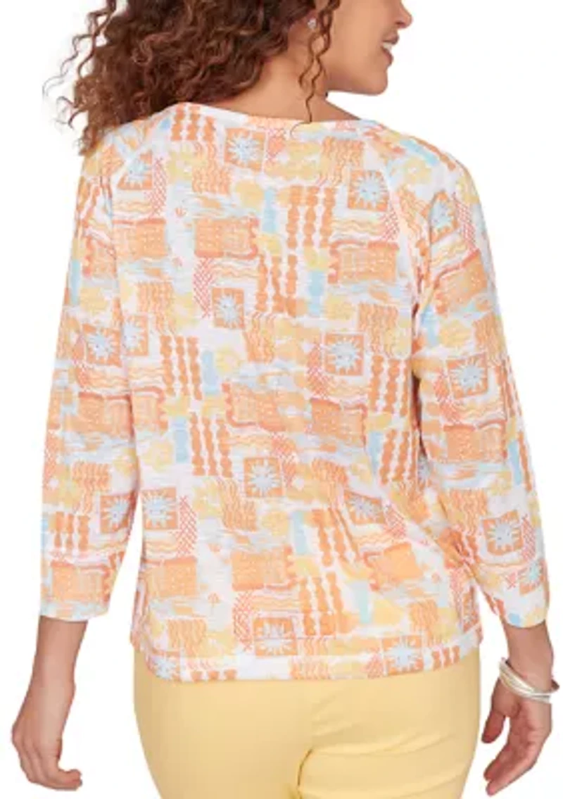 Women's Printed Slub Blouson with 3/4 Sleeves