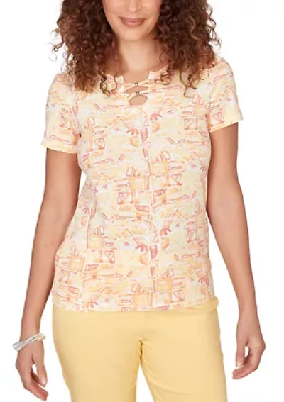 Women's Printed Stretch Jersey Short Sleeve Bead Neck Top