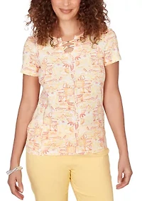 Women's Printed Stretch Jersey Short Sleeve Bead Neck Top