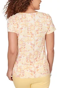 Women's Printed Stretch Jersey Short Sleeve Bead Neck Top