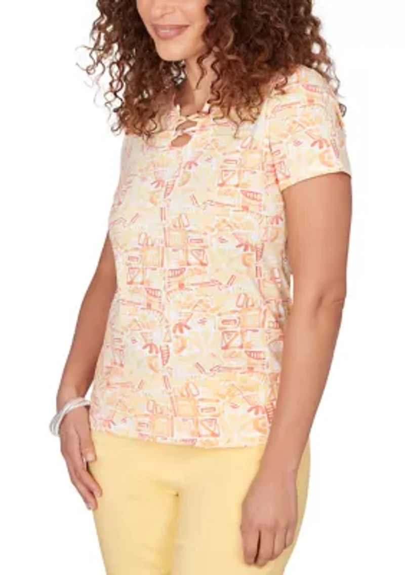 Women's Printed Stretch Jersey Short Sleeve Bead Neck Top