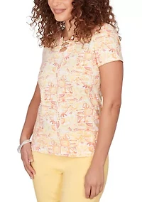 Women's Printed Stretch Jersey Short Sleeve Bead Neck Top