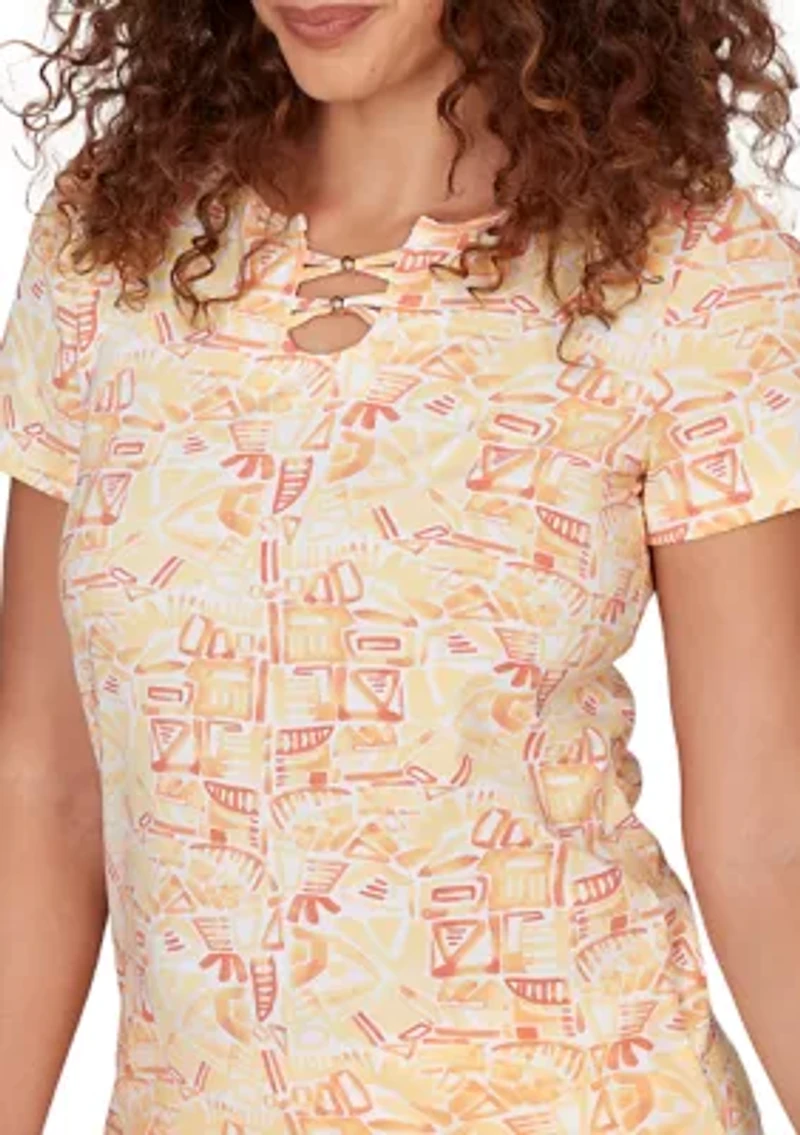 Women's Printed Stretch Jersey Short Sleeve Bead Neck Top
