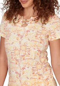 Women's Printed Stretch Jersey Short Sleeve Bead Neck Top