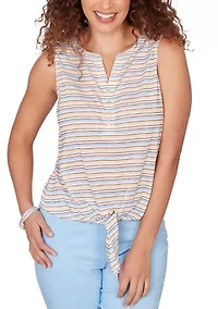 Women's Striped Slub Sleeveless Henley Tie Front Top