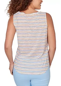 Women's Striped Slub Sleeveless Henley Tie Front Top