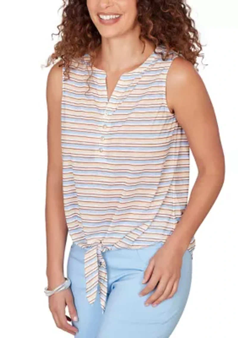 Women's Striped Slub Sleeveless Henley Tie Front Top
