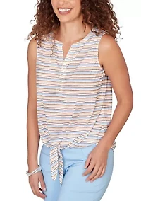 Women's Striped Slub Sleeveless Henley Tie Front Top