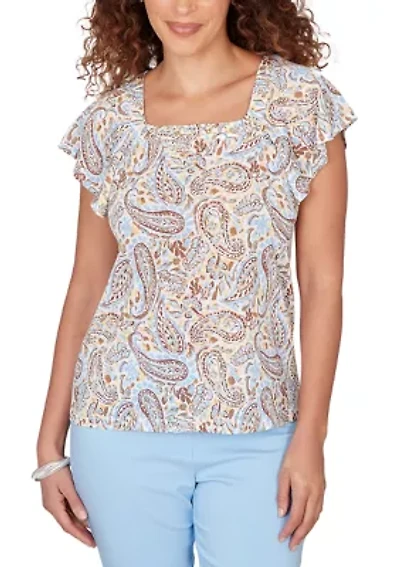 Women's Printed Embroidered Ruffle Sleeve Square Neck Paisley Top