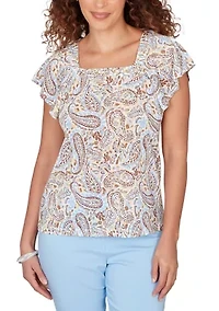 Women's Printed Embroidered Ruffle Sleeve Square Neck Paisley Top