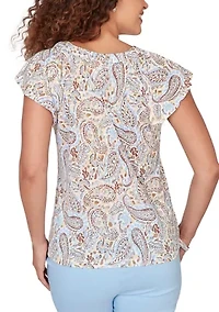 Women's Printed Embroidered Ruffle Sleeve Square Neck Paisley Top