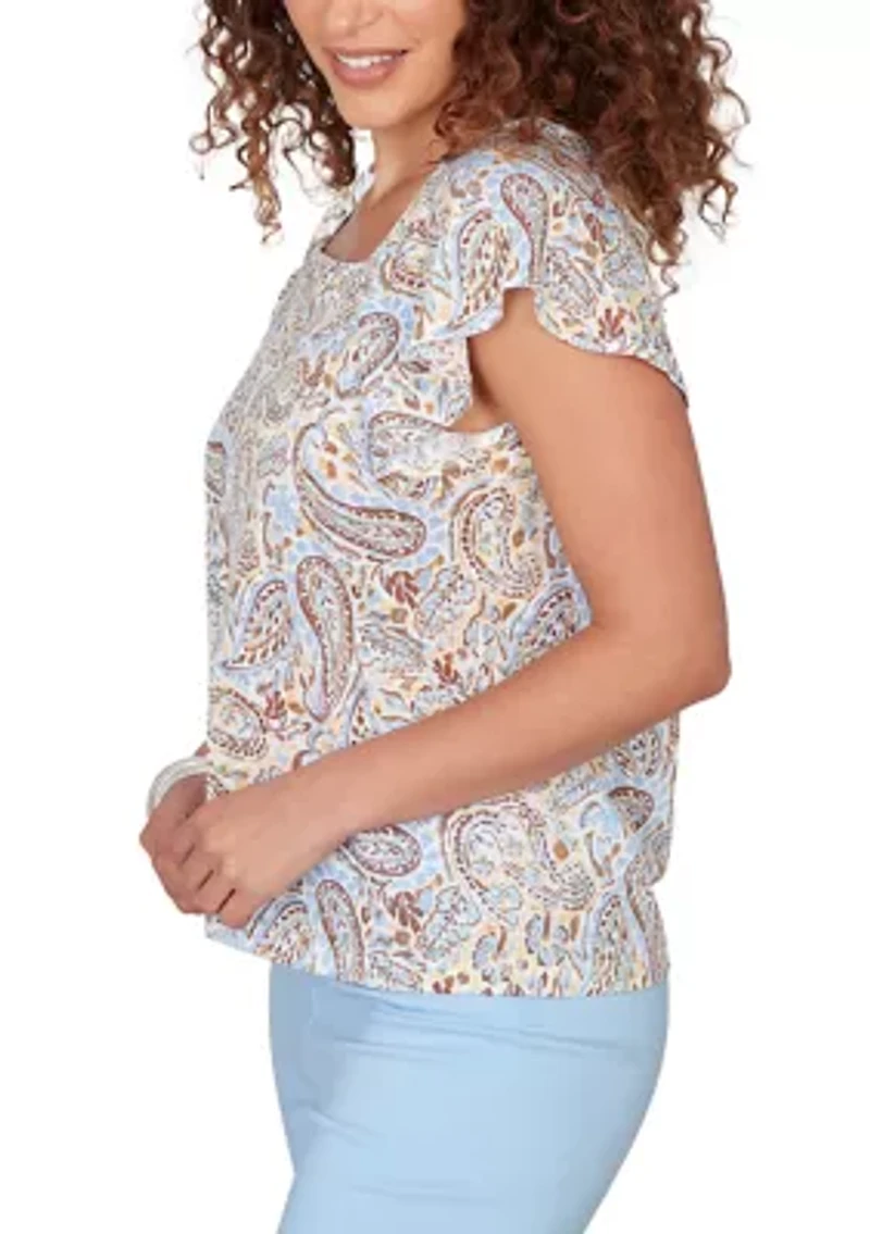 Women's Printed Embroidered Ruffle Sleeve Square Neck Paisley Top