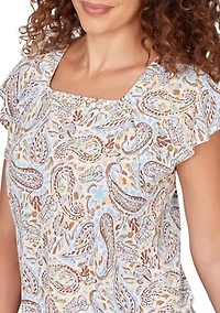 Women's Printed Embroidered Ruffle Sleeve Square Neck Paisley Top