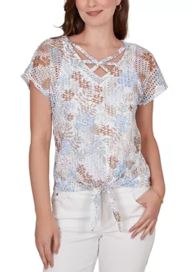 Women's Printed Oval Texture Knit Tie Front Top