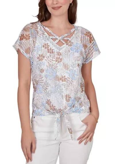 Women's Printed Oval Texture Knit Tie Front Top