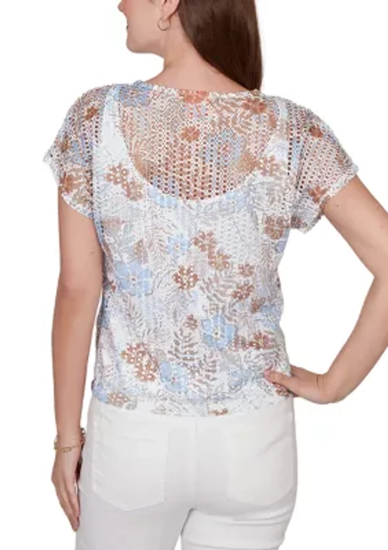 Women's Printed Oval Texture Knit Tie Front Top